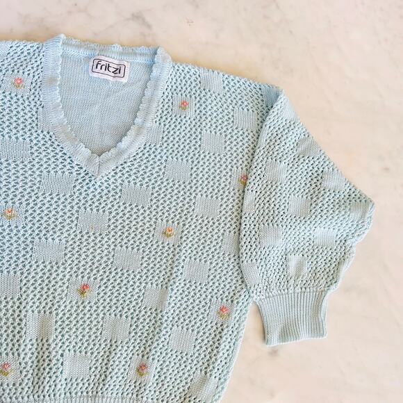 Vintage 80s 90s Light Blue Floral Semi Sheer V Neck Sweater / Small - Picture 1 of 9